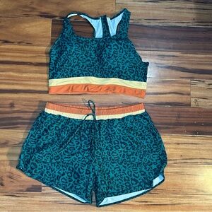 SHEIN Green Leopard Print Bikini Top & Shorts with Orange and Yellow Trim